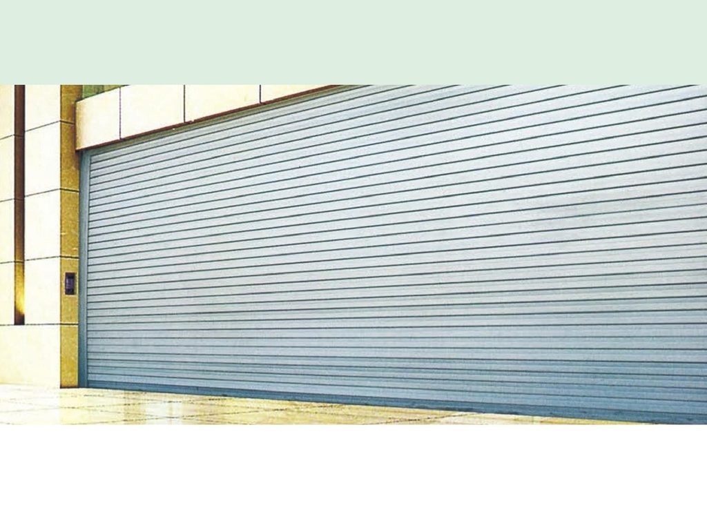 Steel fireproof rolling shutter door on a commercial building
