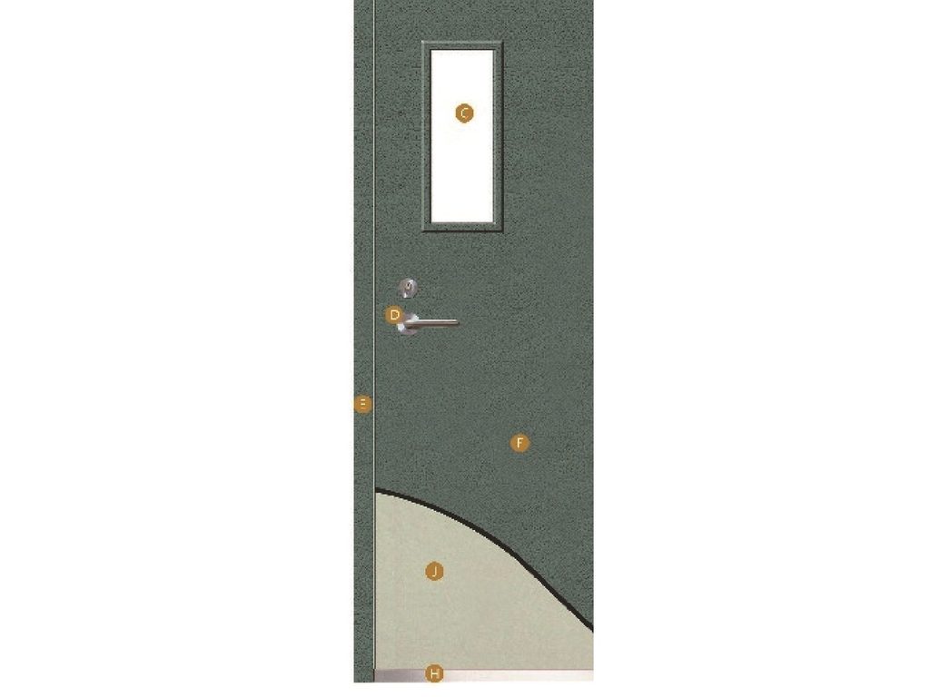 Steel fireproof door with vision panel and component callouts