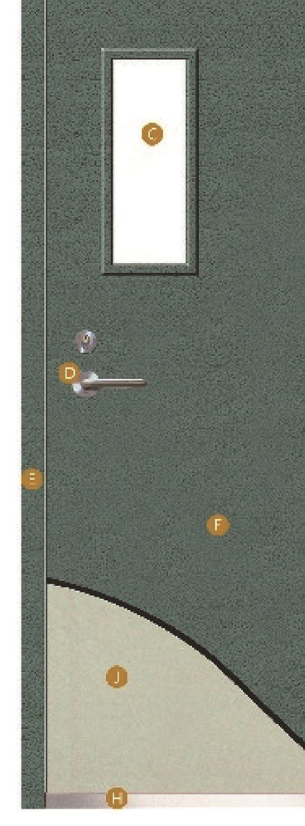 Steel fireproof door with vision panel and component callouts