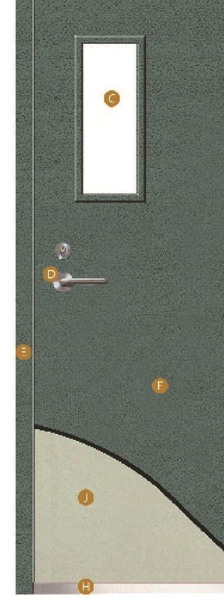 Steel fireproof door with vision panel and component callouts